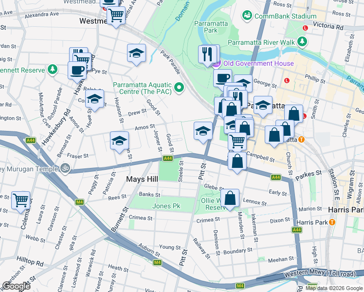 map of restaurants, bars, coffee shops, grocery stores, and more near 3 Good Street in Parramatta