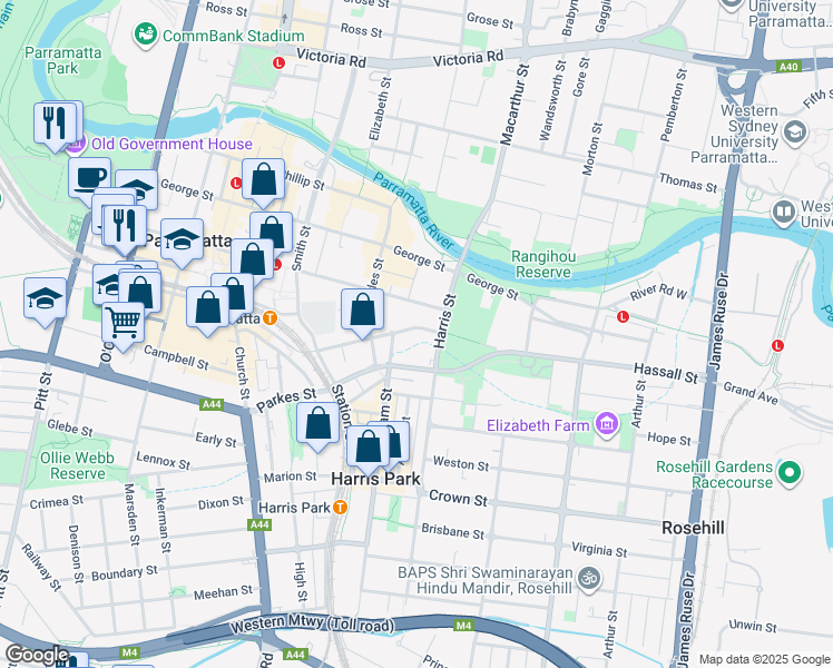 map of restaurants, bars, coffee shops, grocery stores, and more near 31 Hassall Street in Parramatta