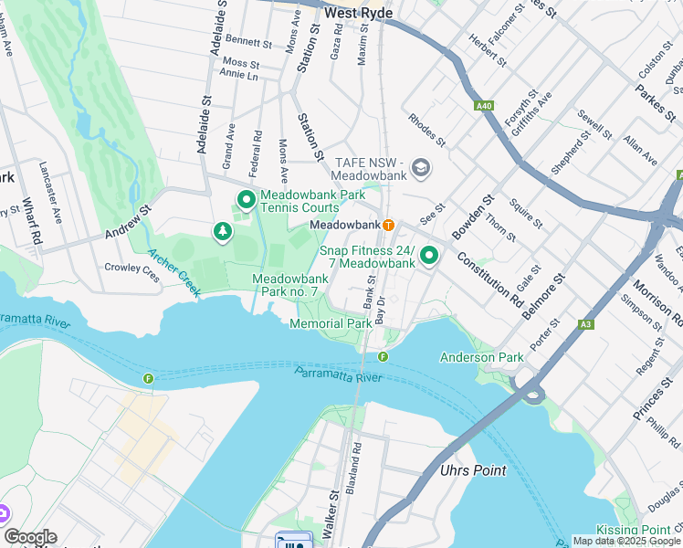 map of restaurants, bars, coffee shops, grocery stores, and more near 21 Meadow Crescent in Meadowbank