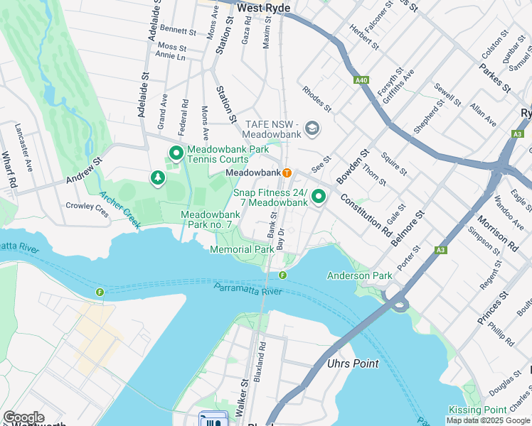 map of restaurants, bars, coffee shops, grocery stores, and more near 9 Bank Street in Meadowbank