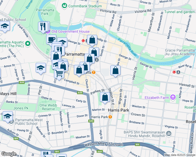 map of restaurants, bars, coffee shops, grocery stores, and more near 75-121 Argyle Street in Parramatta
