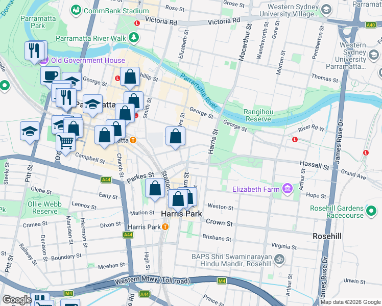 map of restaurants, bars, coffee shops, grocery stores, and more near 111 Wigram Street in Harris Park