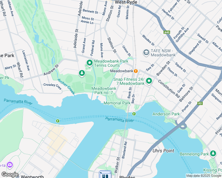 map of restaurants, bars, coffee shops, grocery stores, and more near 14A Meadow Crescent in Meadowbank