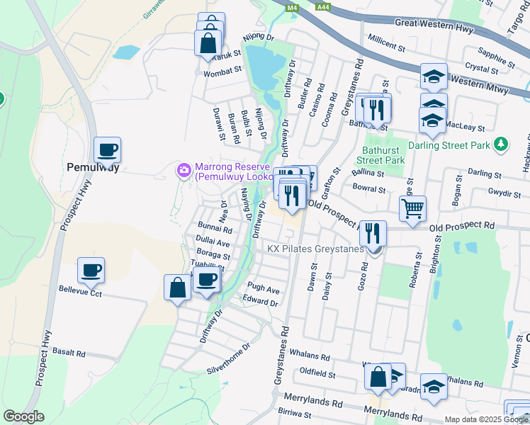 map of restaurants, bars, coffee shops, grocery stores, and more near 124 Driftway Drive in Pemulwuy