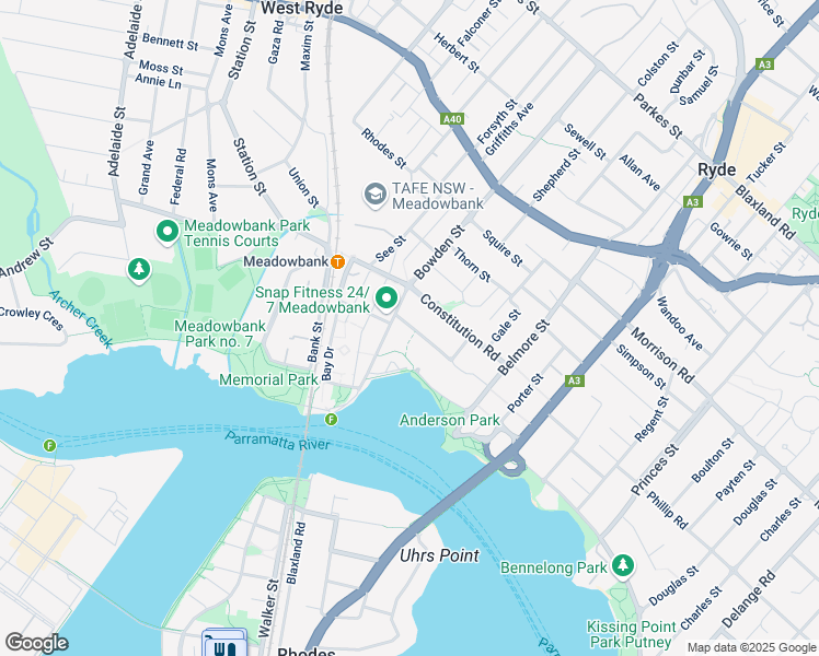 map of restaurants, bars, coffee shops, grocery stores, and more near 60 Nancarrow Avenue in Meadowbank