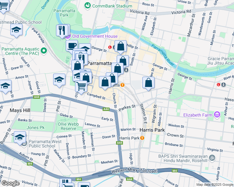 map of restaurants, bars, coffee shops, grocery stores, and more near 126 Church Street in Parramatta