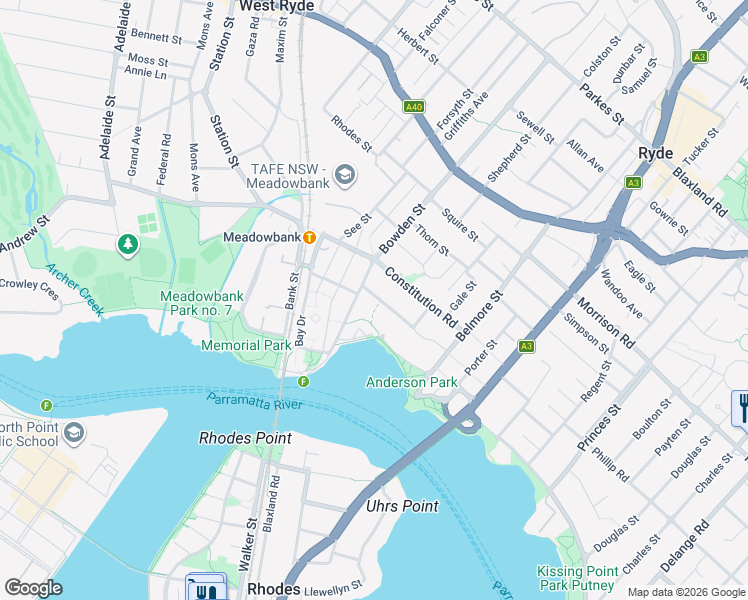 map of restaurants, bars, coffee shops, grocery stores, and more near 60 Nancarrow Avenue in Meadowbank