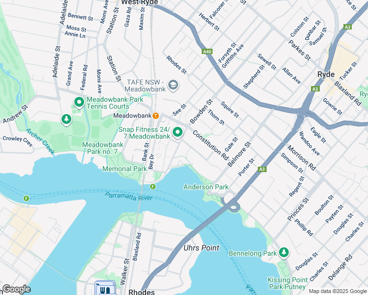 map of restaurants, bars, coffee shops, grocery stores, and more near 60 Nancarrow Avenue in Meadowbank