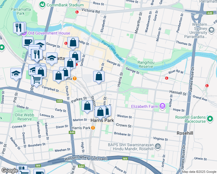 map of restaurants, bars, coffee shops, grocery stores, and more near 111 Wigram Street in Harris Park