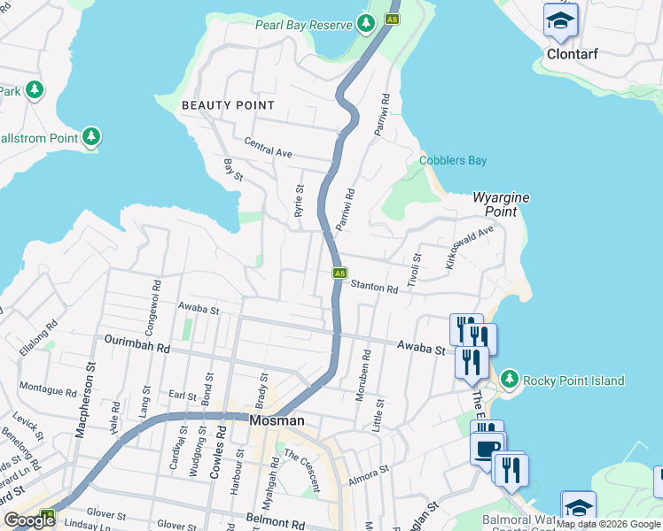 map of restaurants, bars, coffee shops, grocery stores, and more near 146 Spit Road in Mosman