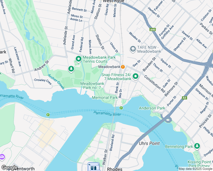 map of restaurants, bars, coffee shops, grocery stores, and more near 17 Meadow Crescent in Meadowbank