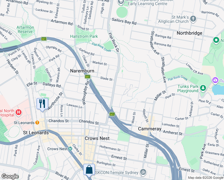 map of restaurants, bars, coffee shops, grocery stores, and more near 4 Rhodes Avenue in Naremburn