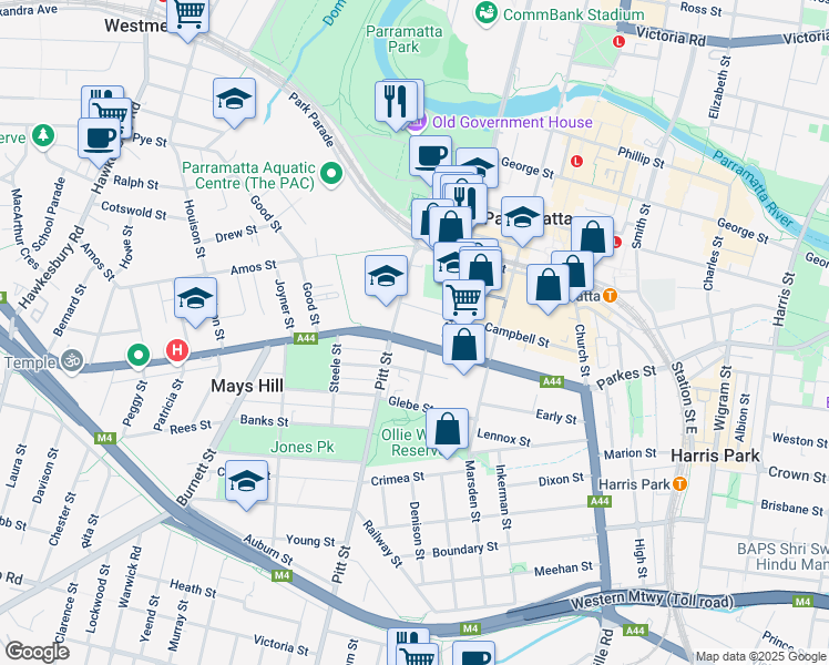 map of restaurants, bars, coffee shops, grocery stores, and more near 68 Great Western Highway in Parramatta