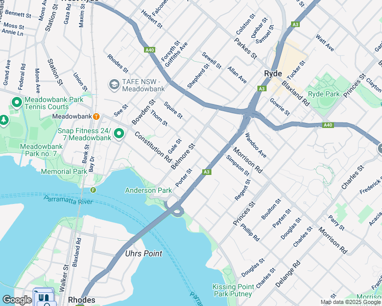 map of restaurants, bars, coffee shops, grocery stores, and more near 74 Belmore Street in Ryde
