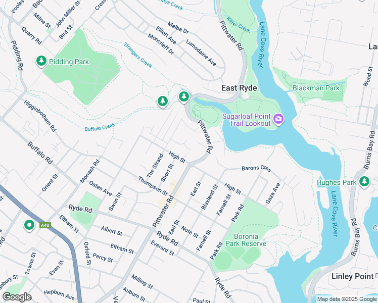 map of restaurants, bars, coffee shops, grocery stores, and more near 9 Laura Street in Gladesville