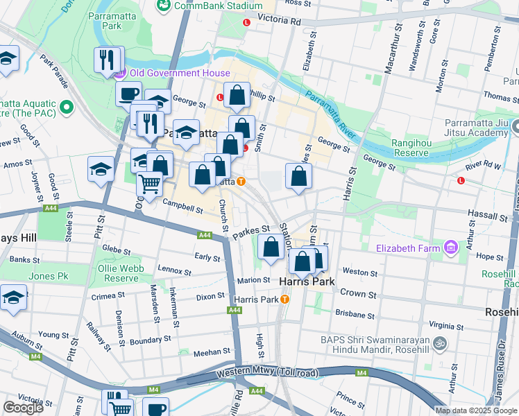 map of restaurants, bars, coffee shops, grocery stores, and more near 10 Valentine Avenue in Parramatta