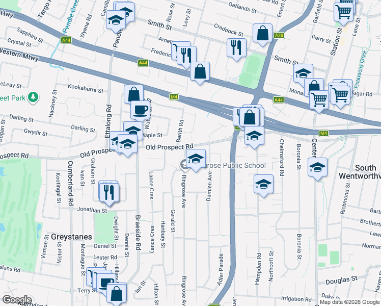 map of restaurants, bars, coffee shops, grocery stores, and more near 6 Ringrose Avenue in Greystanes