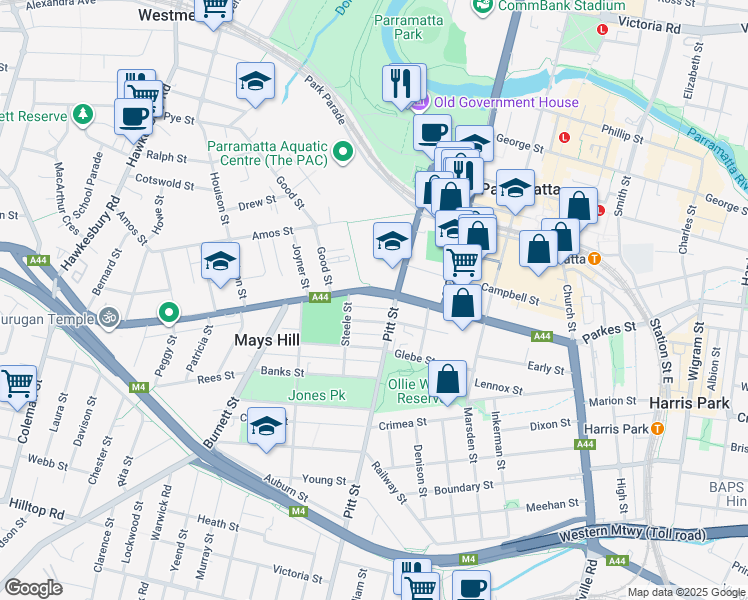 map of restaurants, bars, coffee shops, grocery stores, and more near 93 Great Western Highway in Parramatta