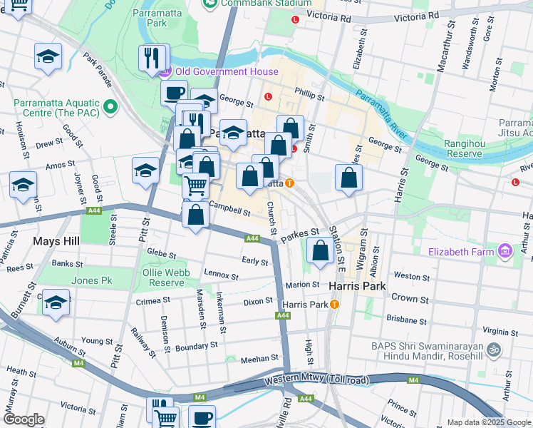 map of restaurants, bars, coffee shops, grocery stores, and more near 111 Church Street in Parramatta