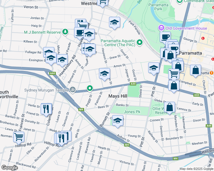 map of restaurants, bars, coffee shops, grocery stores, and more near 148 Great Western Highway in Westmead