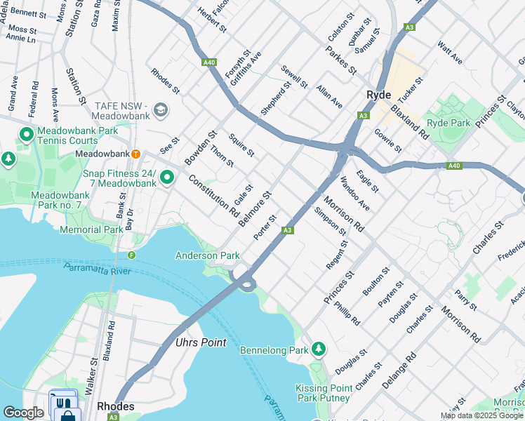 map of restaurants, bars, coffee shops, grocery stores, and more near in Ryde