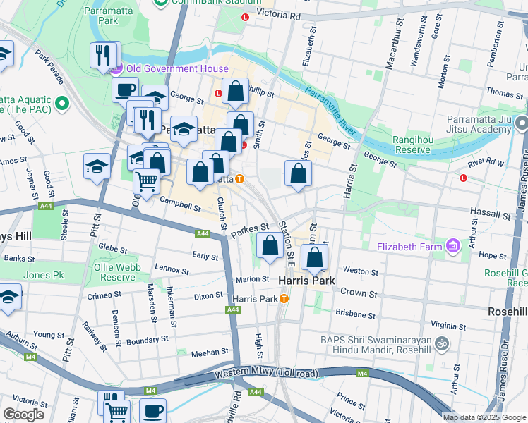 map of restaurants, bars, coffee shops, grocery stores, and more near 10 Valentine Avenue in Parramatta