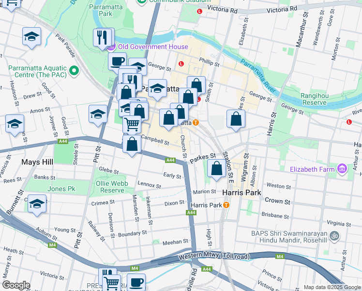 map of restaurants, bars, coffee shops, grocery stores, and more near 111 Church Street in Parramatta