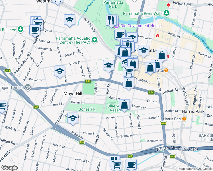 map of restaurants, bars, coffee shops, grocery stores, and more near 1 Pitt Street in Merrylands