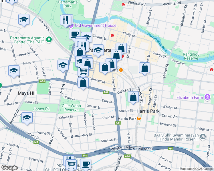 map of restaurants, bars, coffee shops, grocery stores, and more near 41 Campbell Street in Parramatta