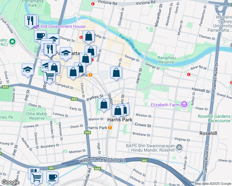 map of restaurants, bars, coffee shops, grocery stores, and more near 7F Parkes Street in Harris Park