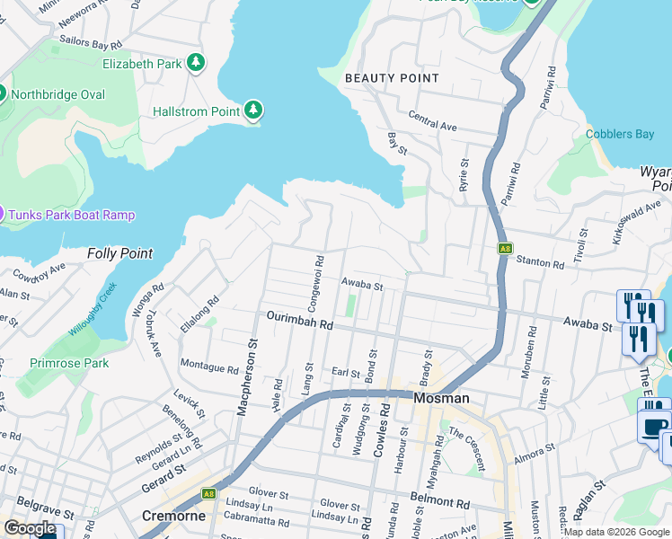 map of restaurants, bars, coffee shops, grocery stores, and more near 28 Countess Street in Mosman