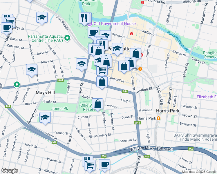 map of restaurants, bars, coffee shops, grocery stores, and more near Great Western Highway in Parramatta