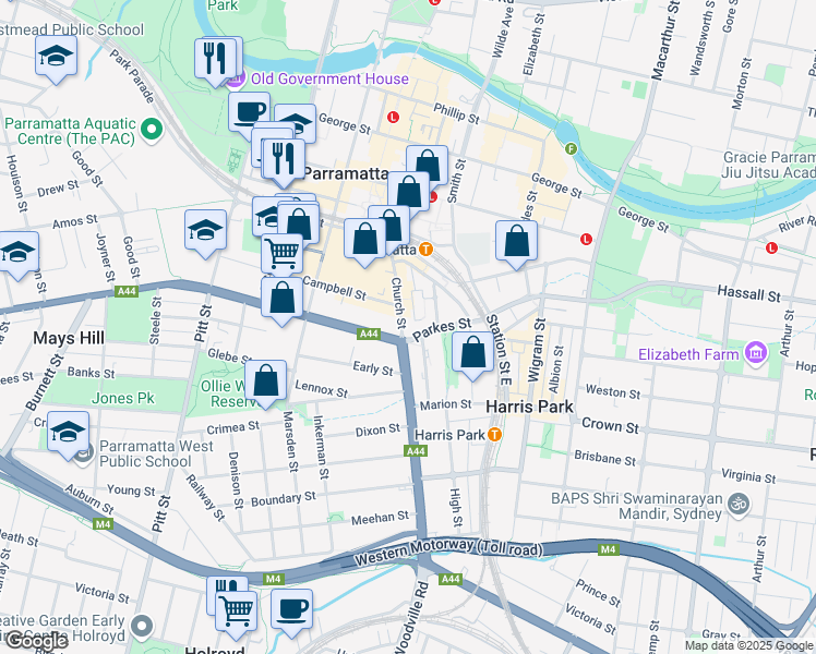 map of restaurants, bars, coffee shops, grocery stores, and more near 83-85 Church Street in Parramatta