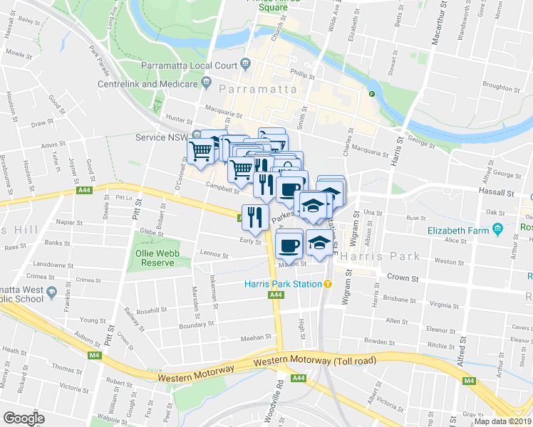 map of restaurants, bars, coffee shops, grocery stores, and more near 31-39 Macquarie Street in Parramatta