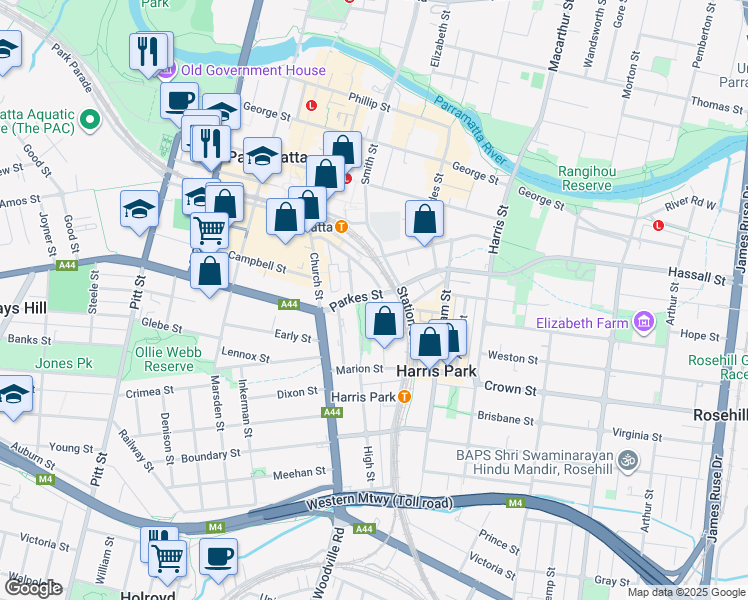 map of restaurants, bars, coffee shops, grocery stores, and more near 39 Cowper Street in Parramatta