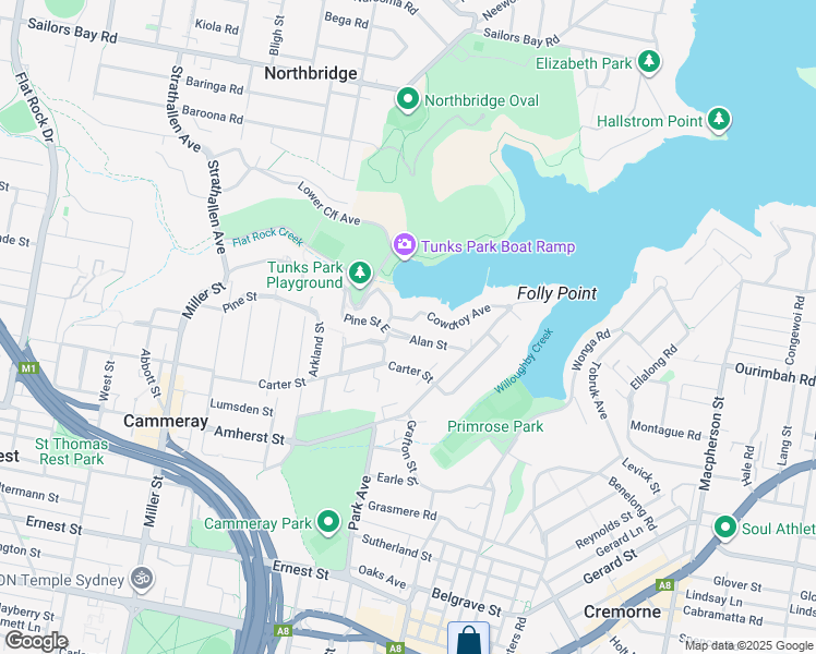 map of restaurants, bars, coffee shops, grocery stores, and more near 9 Cowdroy Avenue in Cammeray