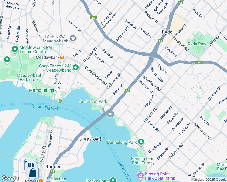 map of restaurants, bars, coffee shops, grocery stores, and more near 2 Porter Street in Ryde