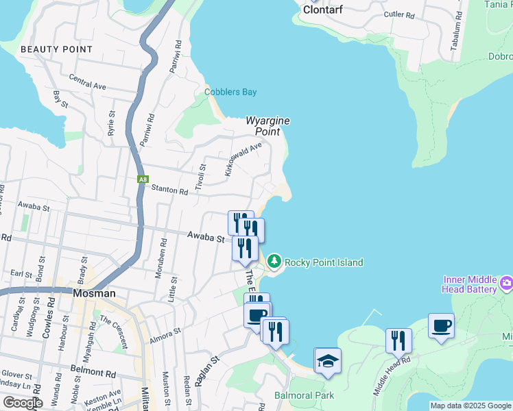 map of restaurants, bars, coffee shops, grocery stores, and more near 6 Wyargine Street in Mosman