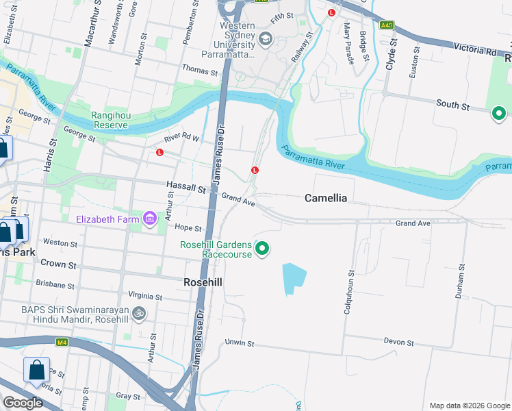 map of restaurants, bars, coffee shops, grocery stores, and more near 1C Grand Avenue in Rosehill