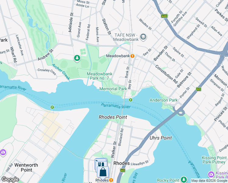map of restaurants, bars, coffee shops, grocery stores, and more near 14A Meadow Crescent in Meadowbank