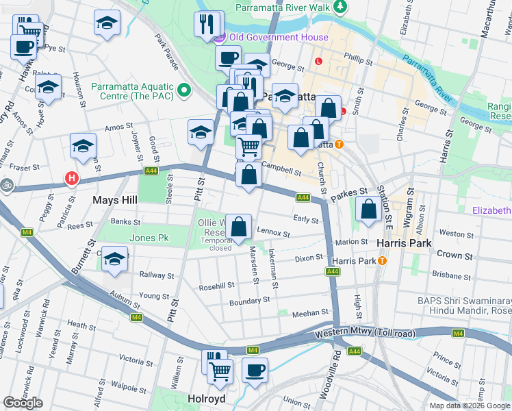 map of restaurants, bars, coffee shops, grocery stores, and more near 88 Marsden Street in Parramatta