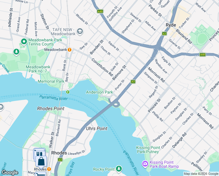 map of restaurants, bars, coffee shops, grocery stores, and more near 90 Belmore Street in Ryde