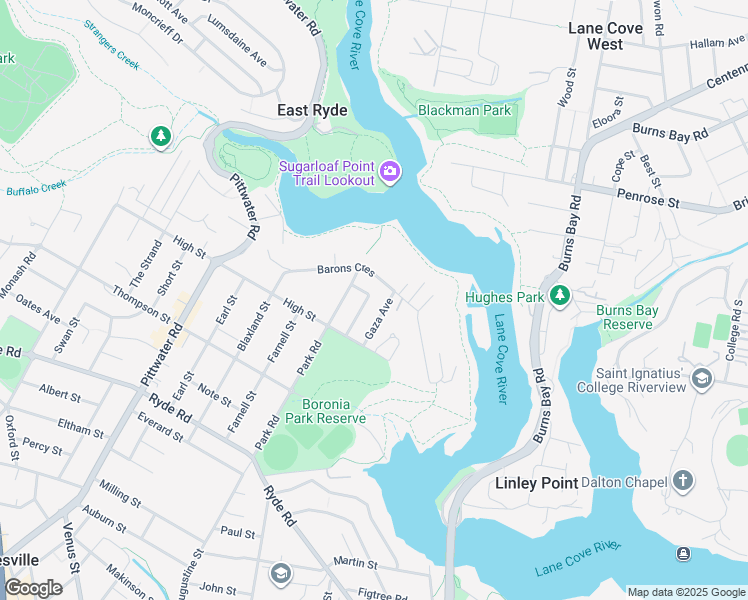 map of restaurants, bars, coffee shops, grocery stores, and more near 18 Ramleh Street in Hunters Hill