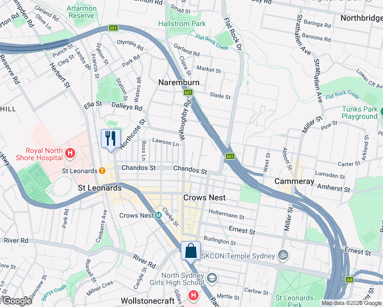 map of restaurants, bars, coffee shops, grocery stores, and more near 161A Willoughby Road in Naremburn