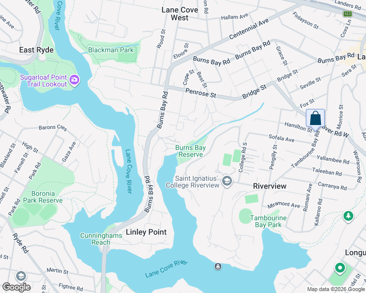 map of restaurants, bars, coffee shops, grocery stores, and more near 300B Burns Bay Road in Lane Cove