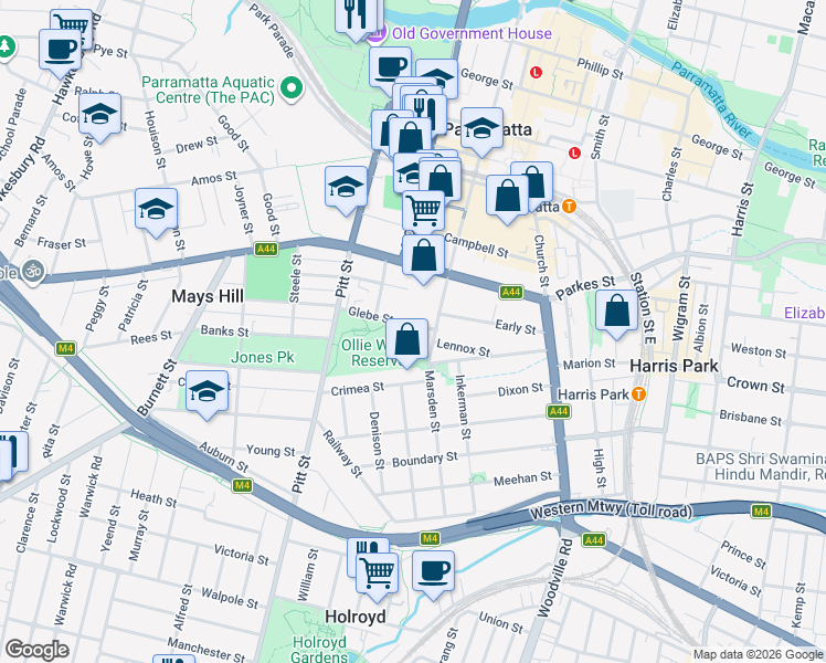map of restaurants, bars, coffee shops, grocery stores, and more near 37A Glebe Street in Parramatta