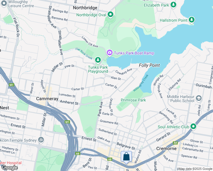 map of restaurants, bars, coffee shops, grocery stores, and more near 63 Carter Street in Cammeray