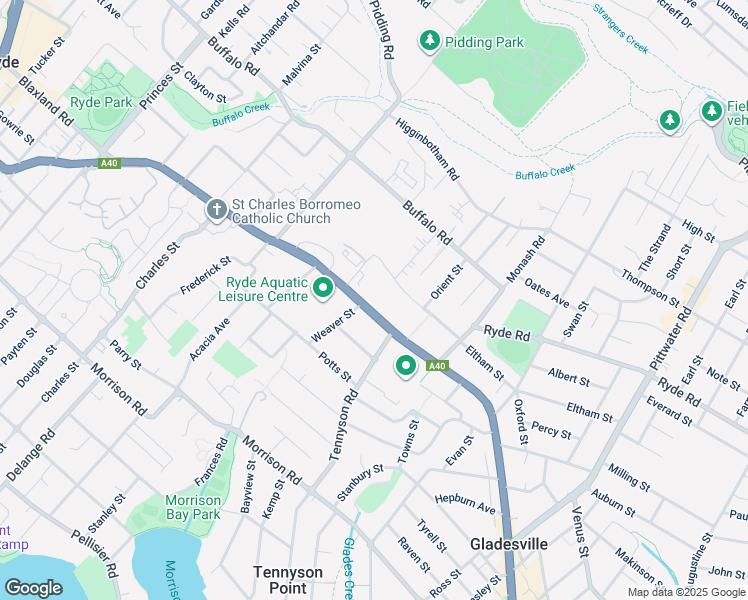 map of restaurants, bars, coffee shops, grocery stores, and more near 465 Victoria Road in Gladesville