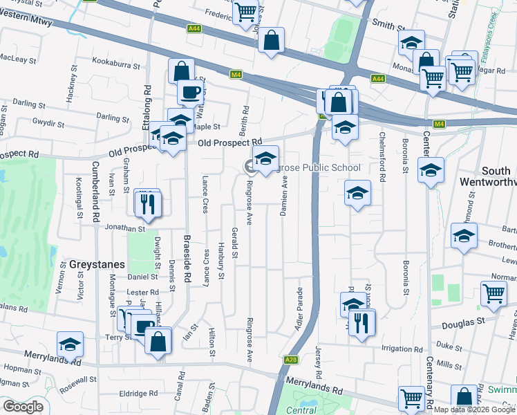 map of restaurants, bars, coffee shops, grocery stores, and more near 1 Leonard Avenue in Greystanes