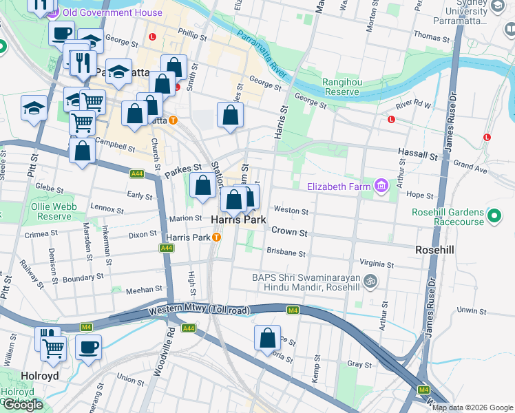 map of restaurants, bars, coffee shops, grocery stores, and more near 16 Albion Street in Harris Park